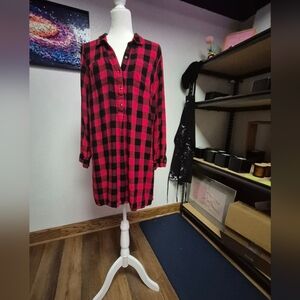 Red and Black Plaid Button-Up Shirt Dress